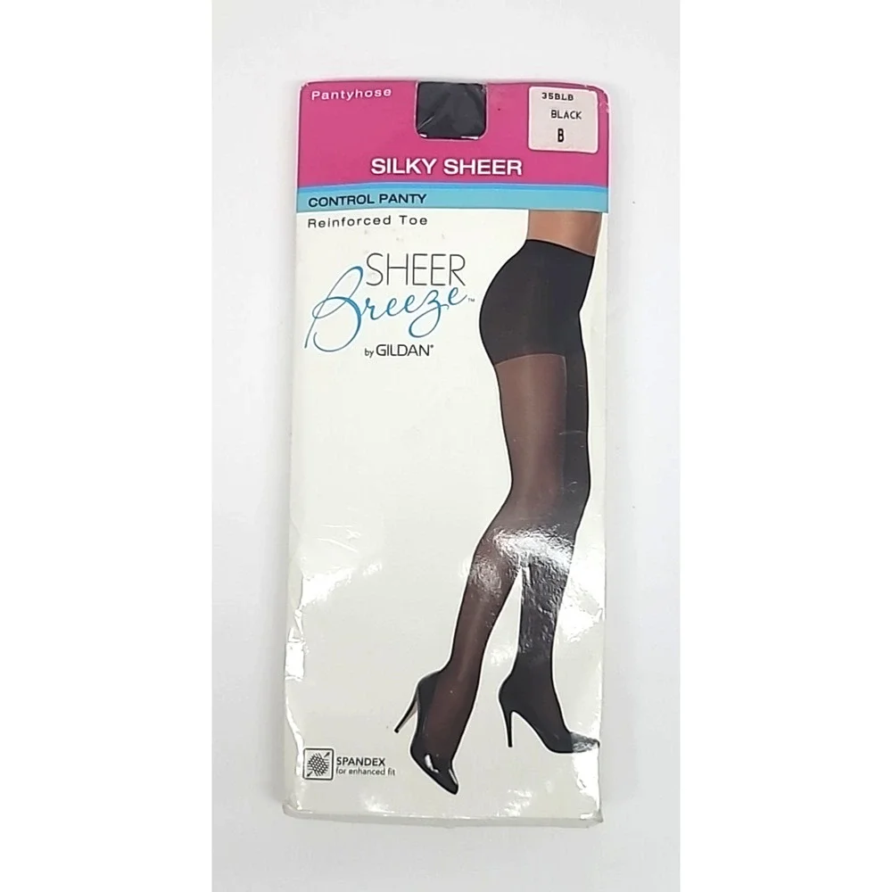 Gildan Sheer Breeze Silky Sheer Control Pantyhose Size B Black Reinforced Toe‎